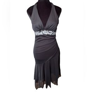 Venus Black Sequin Asymmetrical Mermaid Hem Formal Cocktail Halter Top Dress